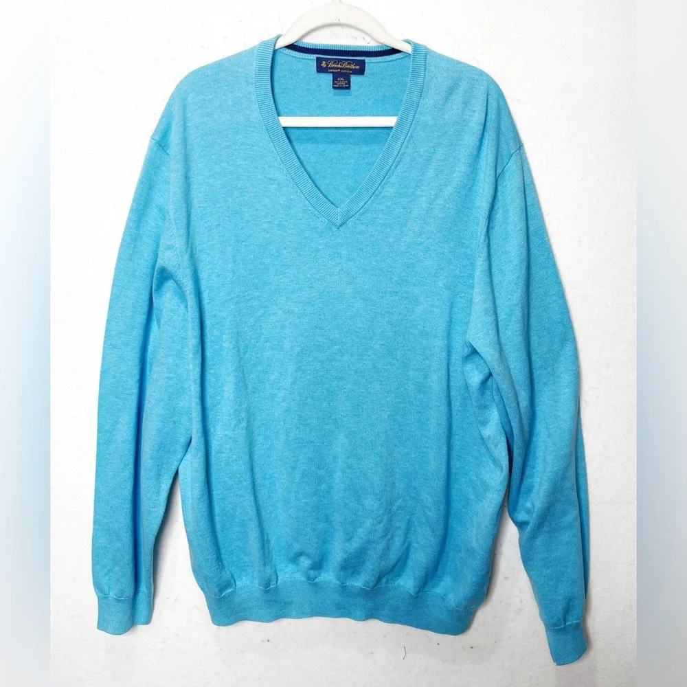 Brooks Brothers Turquoise Blue V-Neck Long Sleeve 100% Supima Cotton Sweater XXL